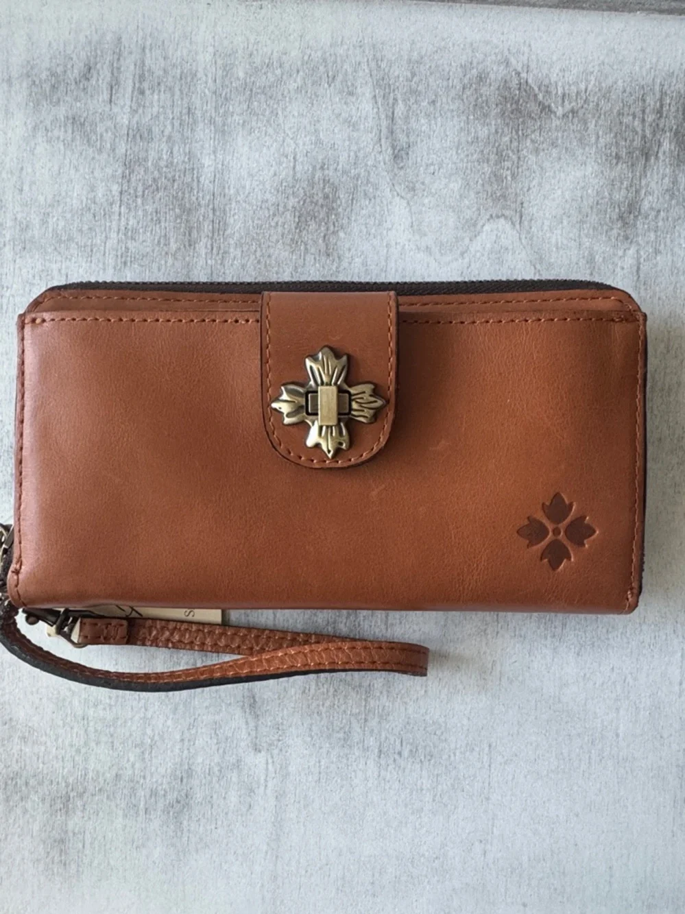 Patricia Nash Vintage Disteress Edeline Leather Large Wristlet Wallet Biscuit